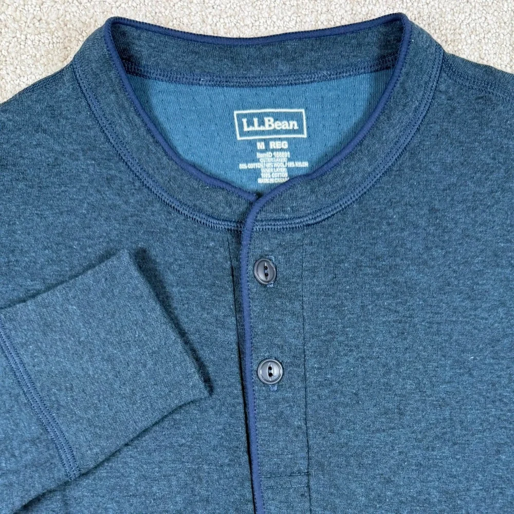 LL Bean Mens Medium Blue River Driver Dual Layer Henley Long Sleeve Sweater